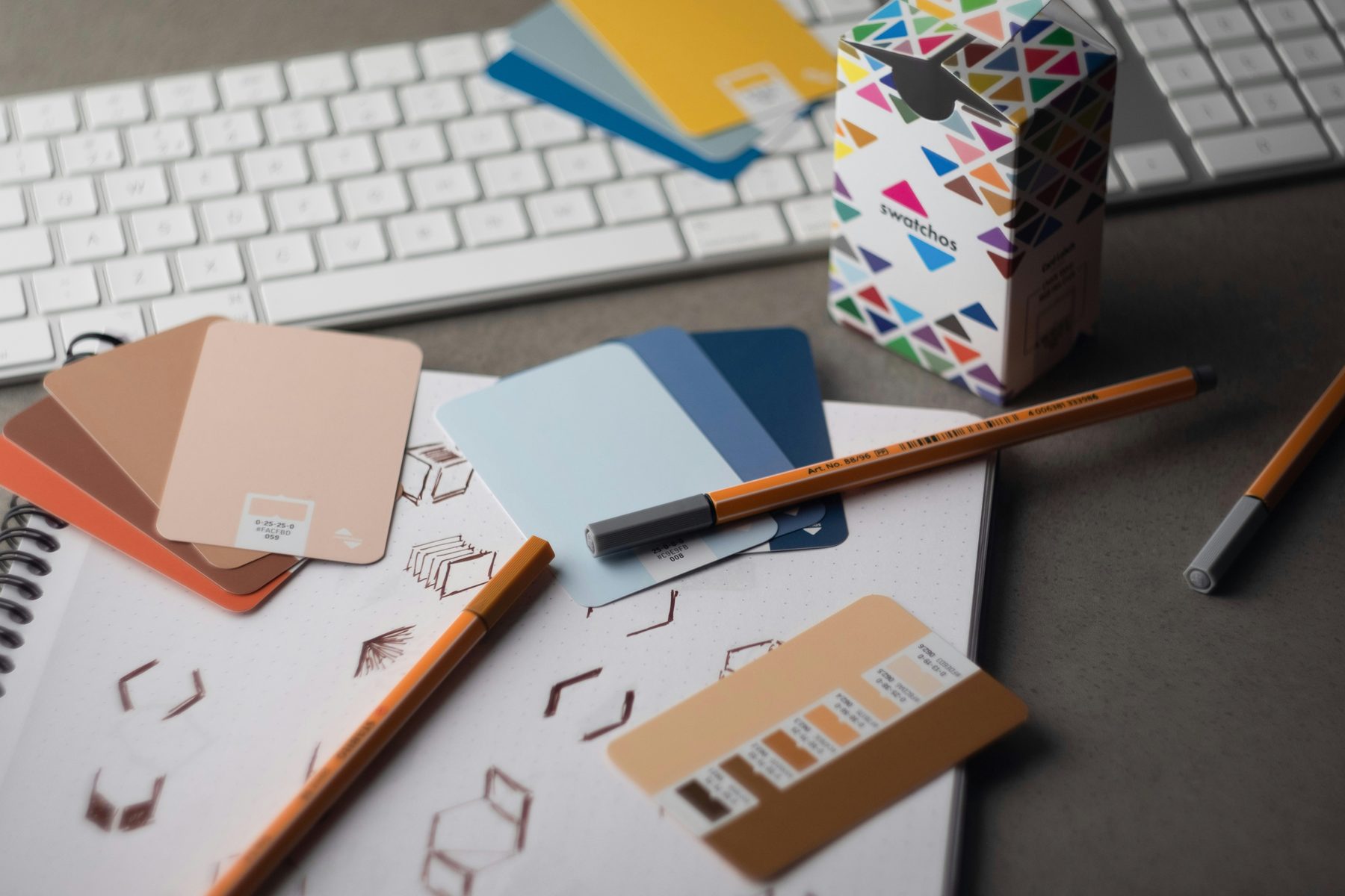 Designer color swatches, notebook and drawing tools
