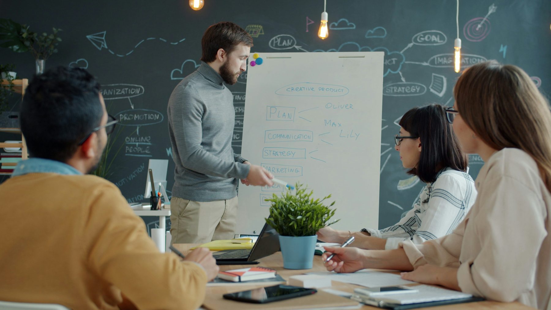 Team reviewing strategy during a presentation