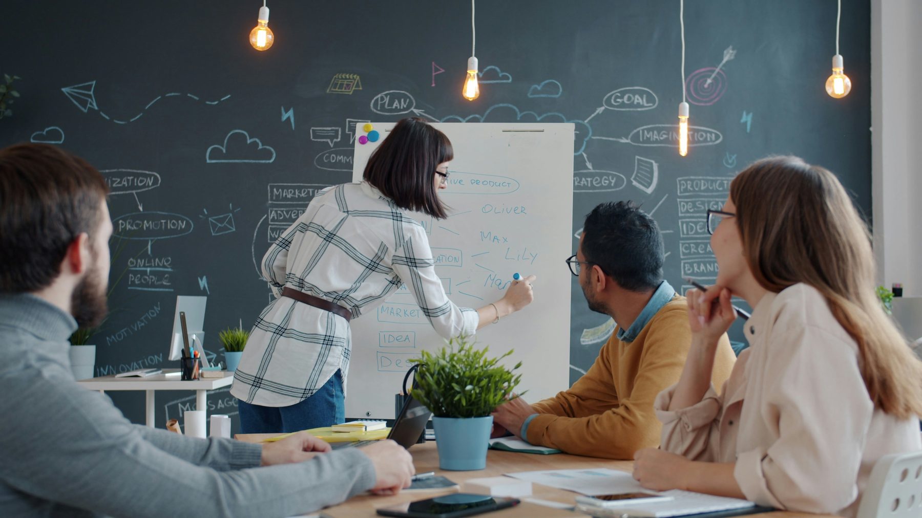 Creative strategy team collaborating around a whiteboard
